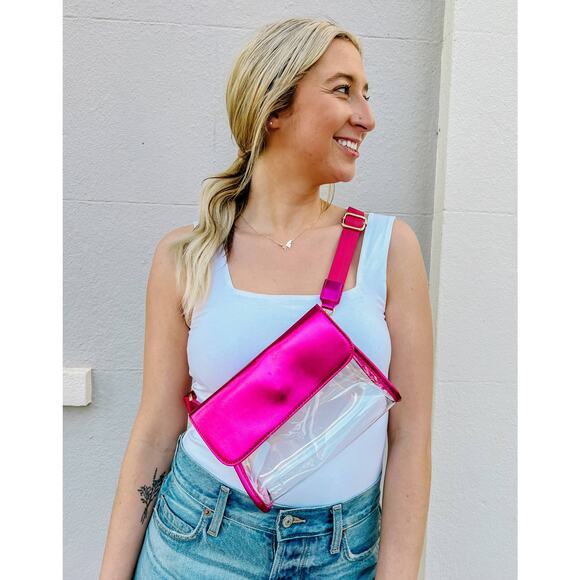 Tatum Convertible Clear Sling Belt Crossbody Bag Metallic Fuchsia - Picture 4 of 6